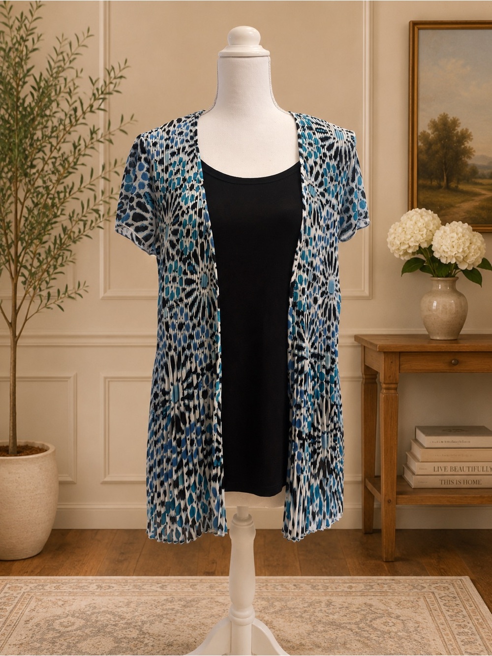 Cato Blue Abstract Pleated Open Front Cardigan Top Size Large